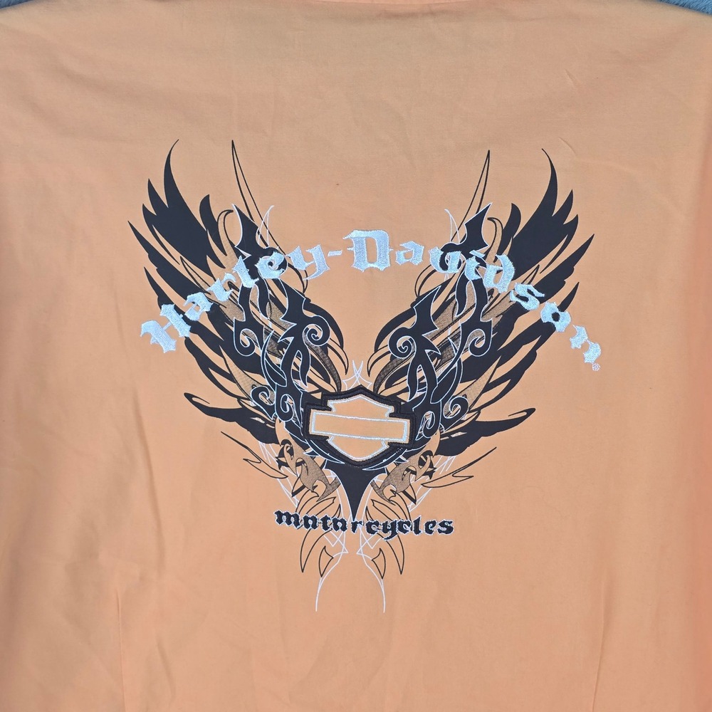 Harley-Davidson Womens Orange Short Sleeve Graphic Button Up Shirt XL 96277-09VW